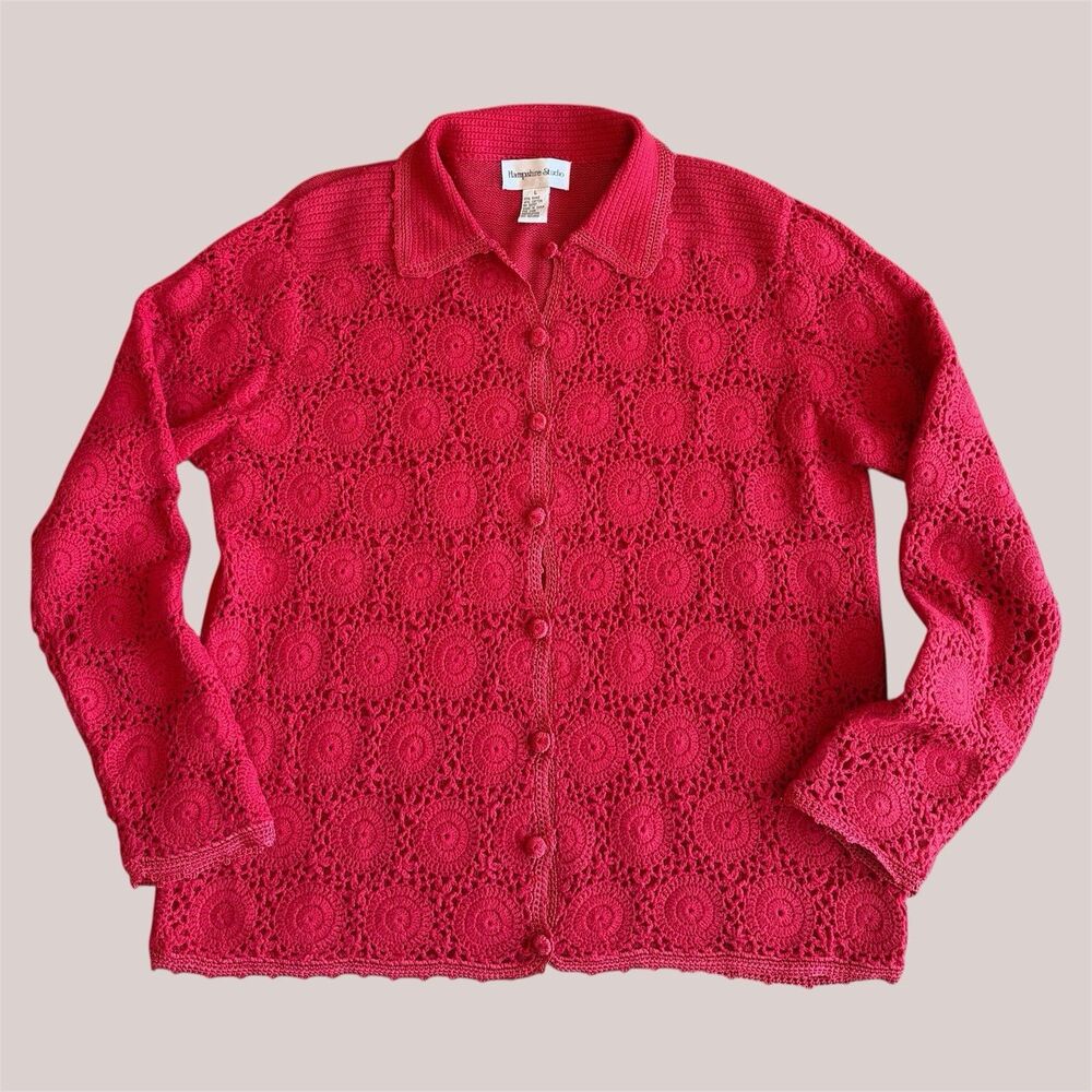 Hampshire Studio Cottagecore Crochet Top L Granny Boho Country Button Up Sweater